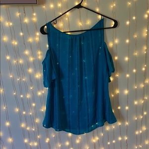 Open shoulder blue top